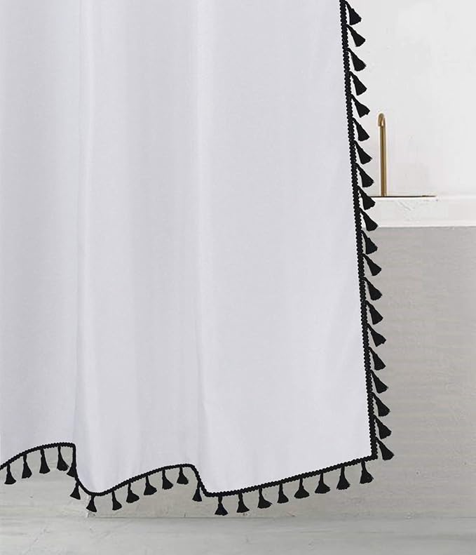 Felisa Black and White Tassel Shower Curtain,Boho Chic Fabric Bathroom