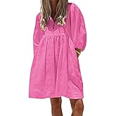 chouyatou Women's Summer Puff Sleeve Cotton Tunic Dress V-Neck Mini Vacation Babydoll Dress