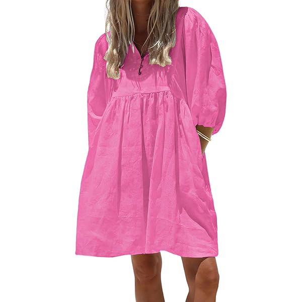 myzgx Women's Summer Puff Sleeve Cotton Mini Tunic Dress V-Neck Vacation  Beach Cute Babydoll Dress (X-Small, Hot Pink) at Amazon Women's Clothing  store