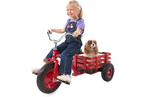 MAGIC CABIN Child's Cherry Red Metal Tricycle with 25" H Upright Handlebars and Attached Slatted-Wood Wagon, Holds up to 110 lbs.