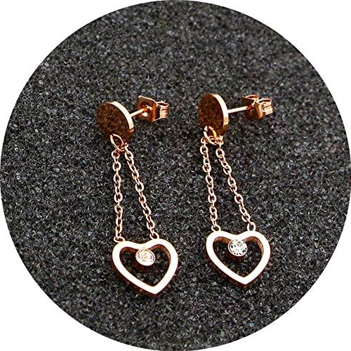 Titanium Steel Rose Gold Plated Hollow Heart Shape Tassel Cubic Zircon Ear Stud Dangle Earrings