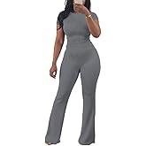 HBQ Women Two Piece Outfit Ribbed Short Sleeve V Neck Polo Top and Flare Pants Casual Lounge Sets Tracksuit