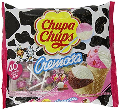 Chupa Chups Pops Cremosa Ice Cream Flavor 40 Count - Strawberry Ice-cream Flavor And Chocolate Ice-cream Flavor Lollipops Fat Free