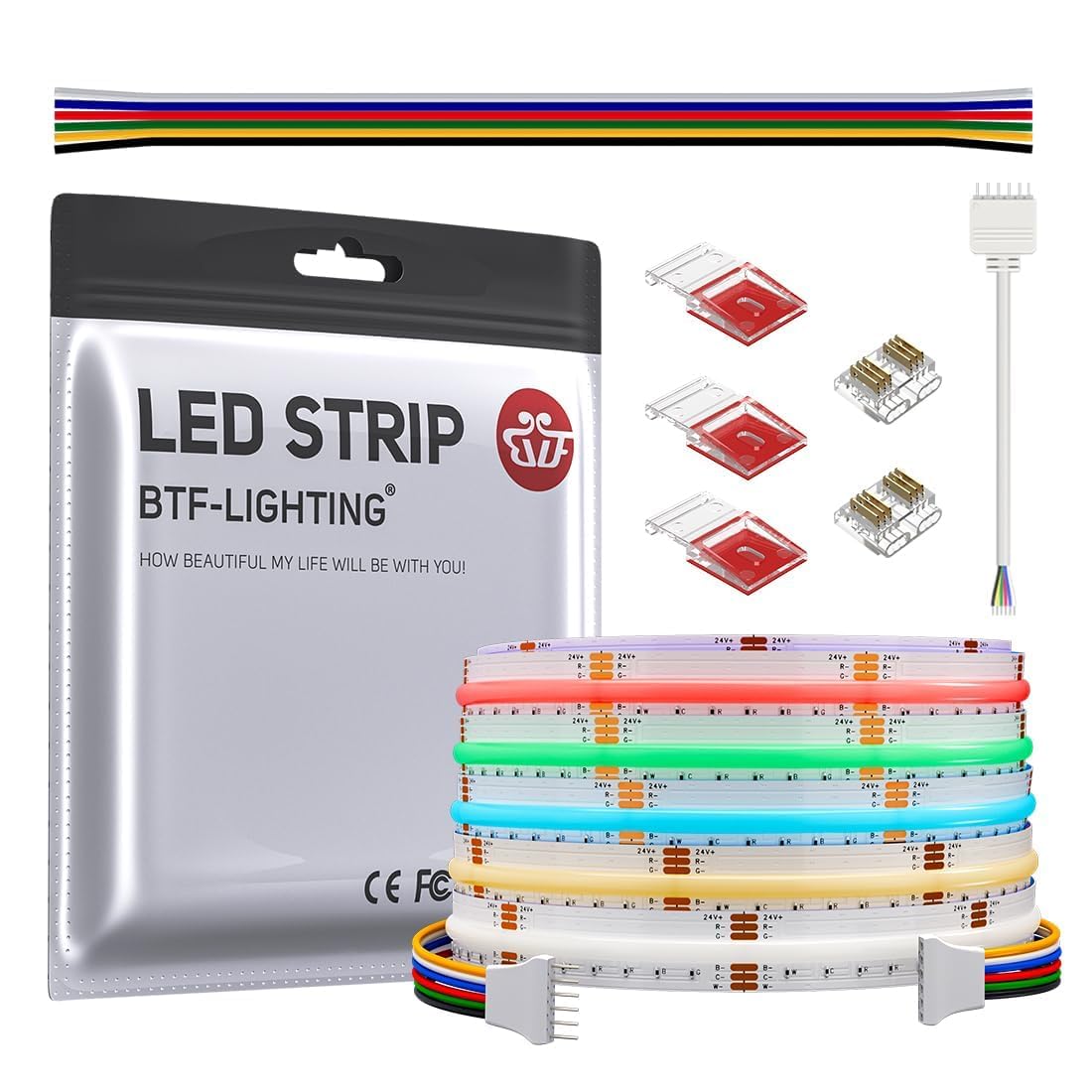 BTF-LIGHTING COB RGBCCT Flexible High Density LED Strip FCOB 5M 960LED/M 4800LEDs DC24V IP30 Non Waterproof Multicoloured for TV Room Party DIY Home Decoration(Only LED Strip)