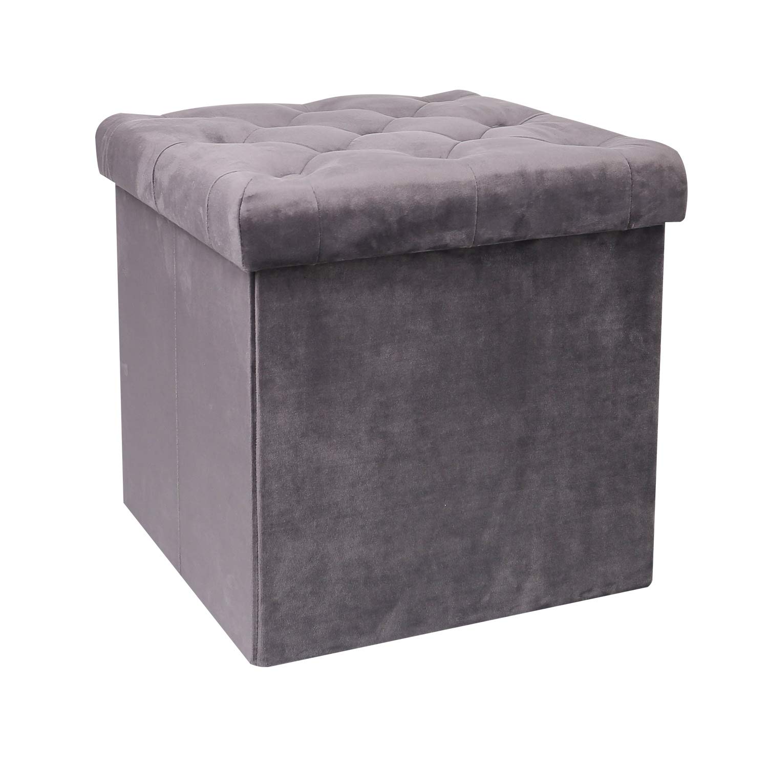 B FSOBEIIALEO Storage Ottoman Velvet Tufted Folding Ottomans Footstool Rest Seat with Removable Lid (Grey, Medium)