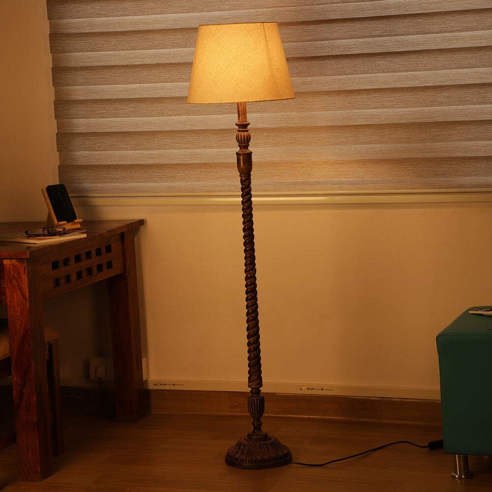 Nakkashi - Hand Carved Wooden Table Lamp with Shade Size Shade: 25x45x28 cm, Base: 23x23x126 cm