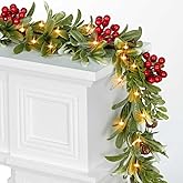6.5FT Christmas Garland with Lights & Timer, 30 LED Pre-lit Greenery Olive Garland with Red Berry Pinecone, Battery Operated Lighted Garland for Fireplace Mantle Door Stairs Table Christmas Decoration