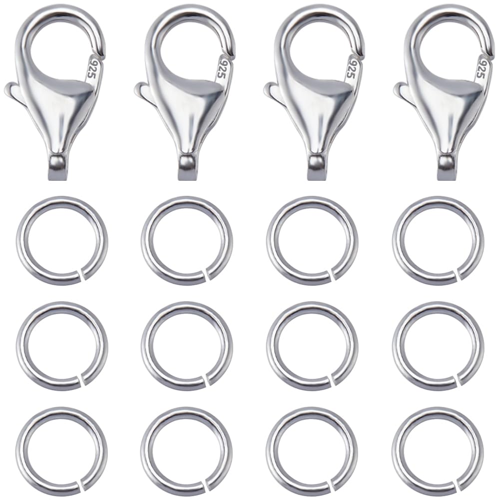 Beebeecraft 1 Box 4Pcs Lobster Claw Clasps 925 Sterling Silver Jewellery Clasp Bracelet Clasp with 20Pcs 5mm Open Jump Rings for Necklace Bracelet Jewelry Making Findings (9x6x3mm)