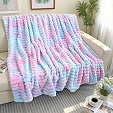 Super Soft Faux Fur Plush Throw Blanket, Rainbow Tie-Dye Pattern, Pastel Blue and Pink, Ribbed Decorative Cozy Blanket for Couch Bed,Gift for Women (Twin (63" x 77"),Blue and Pink)