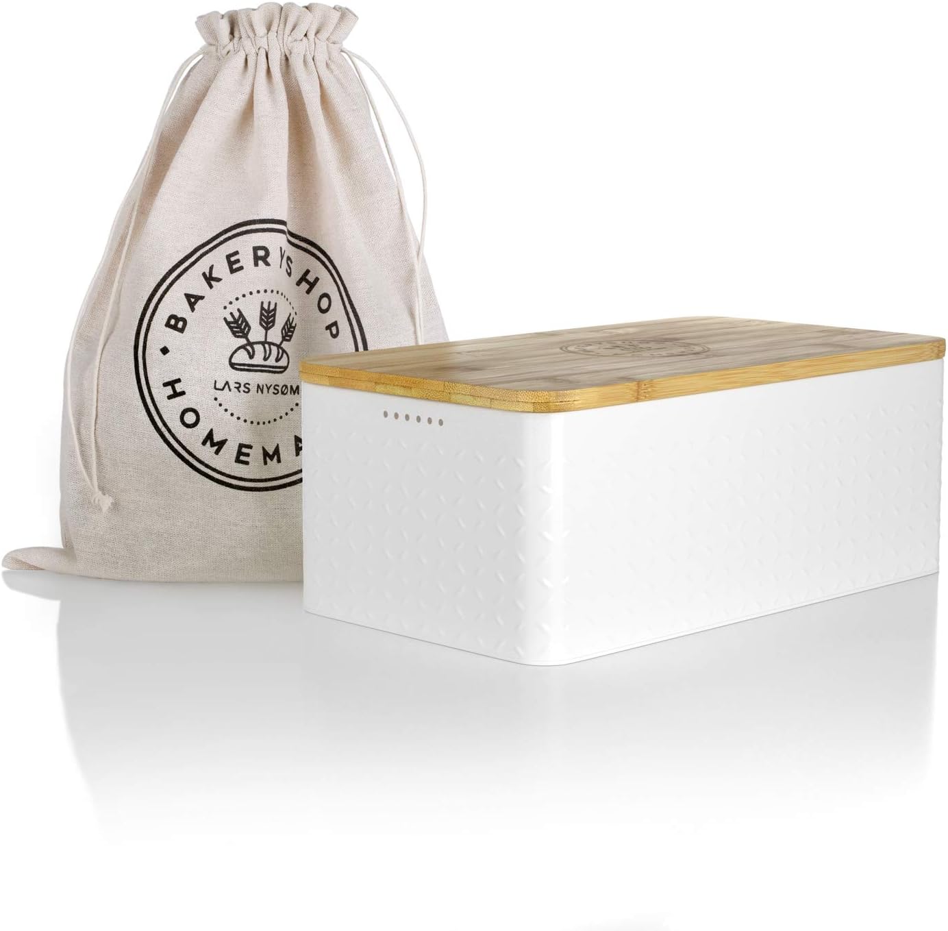 LARS NYSØM Brotkasten I Brotdose in Weiß mit inkludiertem Brotsack aus Leinen für langanhaltende Frische I Brotbox mit hochwertigem Bambusdeckel verwendbar als Schneidebrett I 34x19x13cm