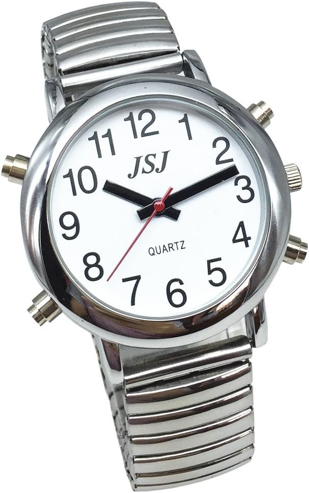VSONE English Talking Watch with Alarm, White Dial, Silver Frame, Expansion Band