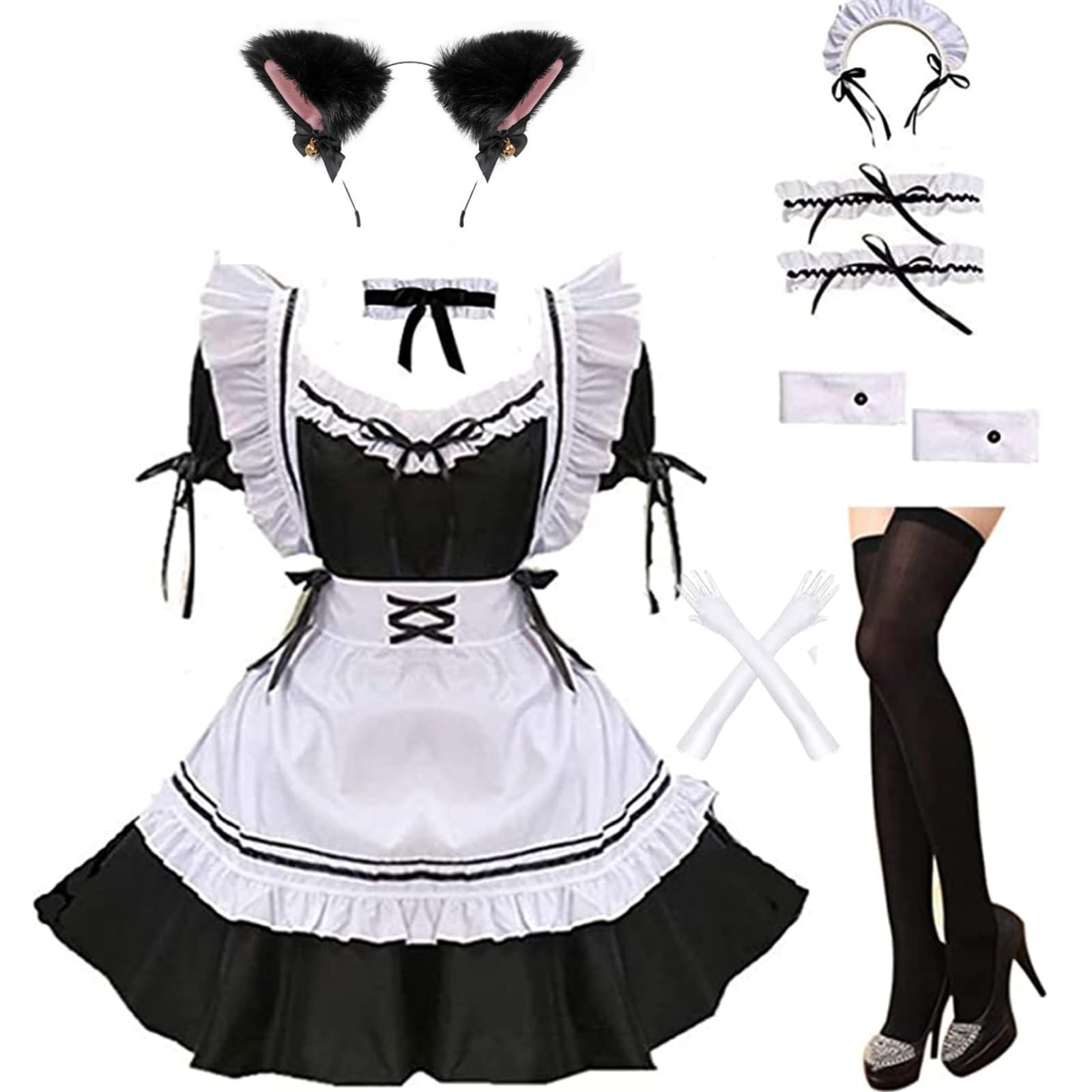 maxToonrain Maid Costume Women French Dress Red Wine Sweetheart Anime Valentines Day Gifts Maid Outfit Apron Gloves Socks Set for Womens Girls(9 PCS)(Black,S) — image 1