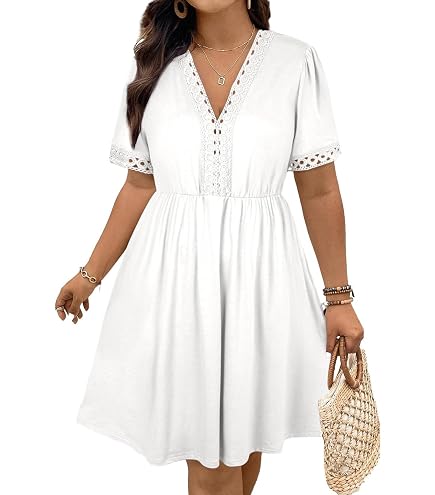 Eytino Plus Size Dresses for Curvy Women Ruffle Cap Sleeve Lace V Neck Swing A Line Mini Short Dress,1X White at Amazon Women's Clothing store