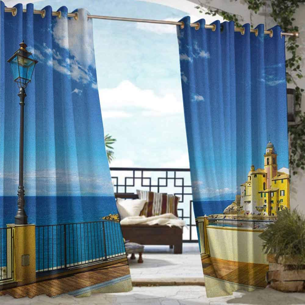 DonaHome Shading Insulated Curtain,Italian Camogli Building Sea Lamp and Balcony Tourist Spot in Ligury Italy Print,Complete Darkness, Noise Reducing Curtain,W72x84L Blue White and Yellow