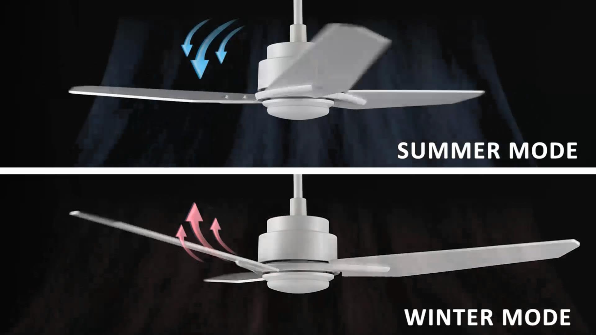 Carro Smart Ceiling Fan showing summer mode (downward airflow) and winter mode (upward airflow)