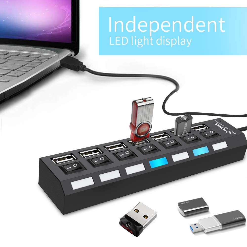 7-in-1 Powered USB Hub Splitter USB 2.0 Hub Data Transfer with Individual Switches Indicator Lights for Laptop, PC, Computer, Mobile HDD, Flash Drive and More