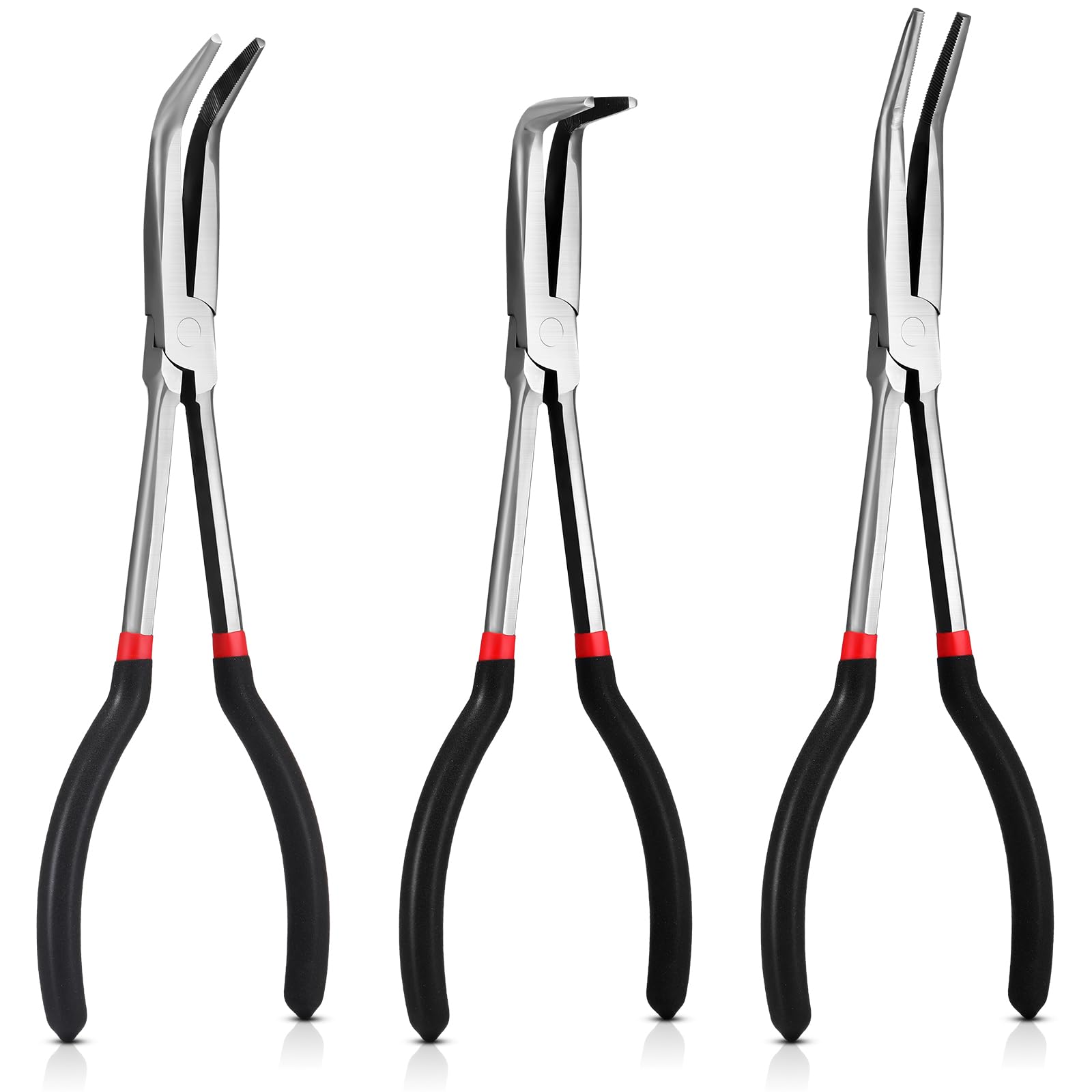 MOUYAT 3-Piece 16 Inch Extra Long Needle Nose Pliers Set – Straight, 45°, & 90° Angles, PVC Grip, For Hard-to-Reach Areas