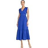 Maggy London Womens V-Neck Ruffle Details Cotton Poplin Maxi Dress