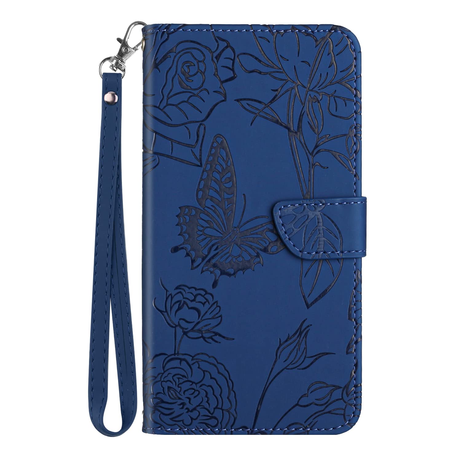 Midmelon Mobile Phone Case for TCL 30 SE/30E/306/305, Butterfly and Flower Embossing Design, Soft Leather Purse Case with Photo Slot and Stand Dark Blue