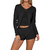 REVETRO Women's 3 Piece Lounge Sets Cute Button Down Pajama Sets Spring Outfits Workout Set Y2K Sexy Pajamas