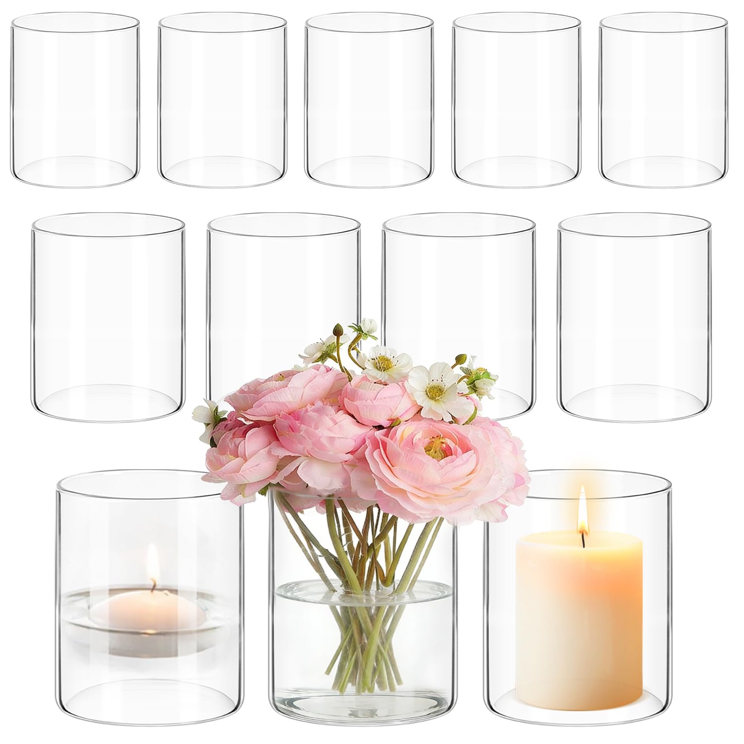 Photo 1 of 12 Pack Glass Cylinder Vases for Centerpieces 4 Inch Tall Clear Bulk Flower Vase Hurricane Floating Candle Holder for Table Home Decoration Wedding Holiday Floral Shelf Party Dining Decor