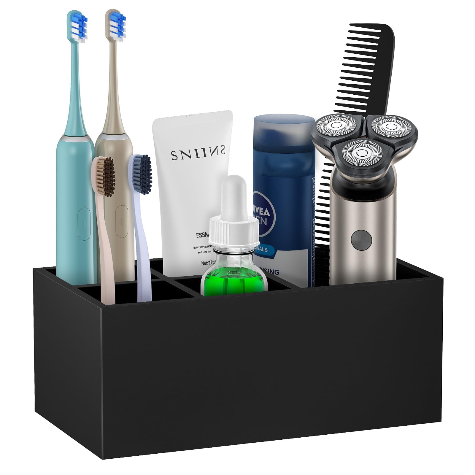 PENGARO Electric Toothbrush Holder, 5 Slots Resin Toothbrush Holders with Drain Hole Bathroom Vanity Organizer Countertop Storage for Toothbrush Toothpaste Sink Bathroom Accessories, Matte Black