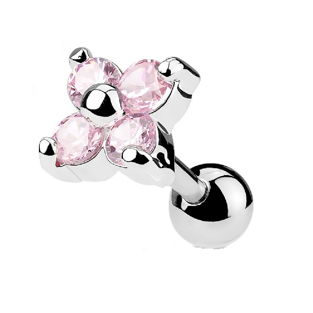 PiercedOff 316L Surgical Steel Cartilage Barbell with Pink Crystal Flower - Thickness 16GA (1.2mm) / Length 6mm / Ball Size 4mm / Flower Size 6mm