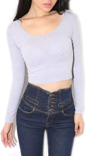 Amazon ビグッド Bigood ショートtシャツ レディース シンプル カットソー 長袖 へそ出し トップス ストレッチ スポーツ ヨガウェア グレー Tシャツ カットソー 通販
