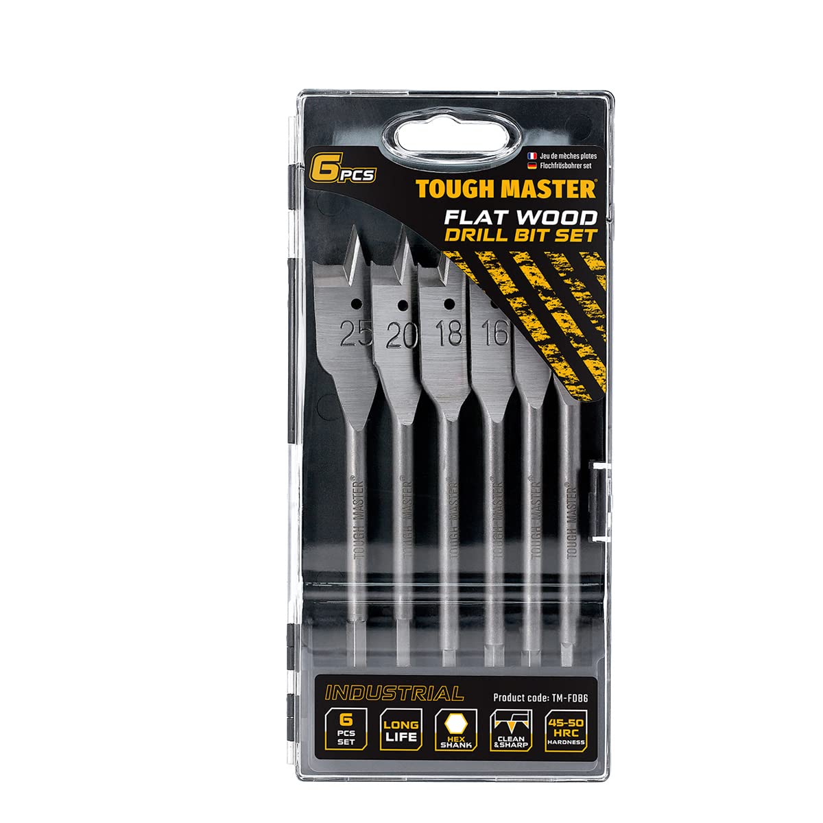 TOUGH MASTER Spade Drill Bits Set, ¼ Inch Quick Change Hex Shank, 10mm, 12mm,16mm, 18mm, 20mm, 25mm Flat Wood Drill Bits (6-Piece Set)