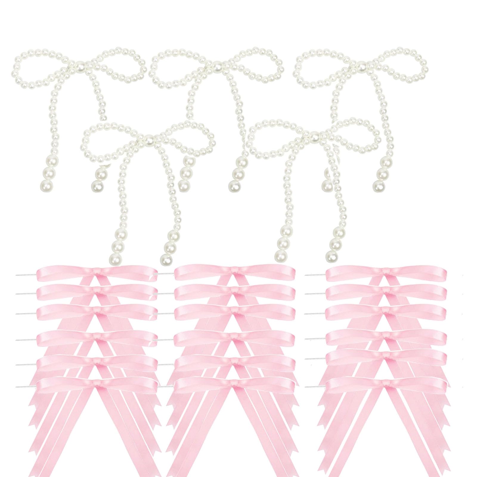 Photo 1 of 25 Pieces Bow Cake Decorations Set 5 Pieces Pearl Bowknot Cake Decor 20 Pieces Ribbon Bows Cake Toppers for Bow Birthday Wedding Bridal Party Cake Decor (Long Bow, Pink)