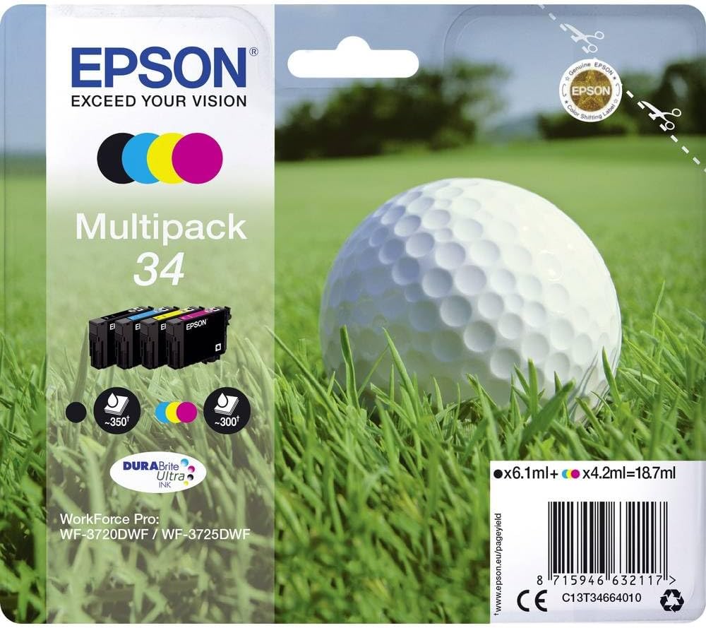 Epson 34 Golfball Genuine Multipack Ink Cartridges 4 Colors DURABrite Ultra