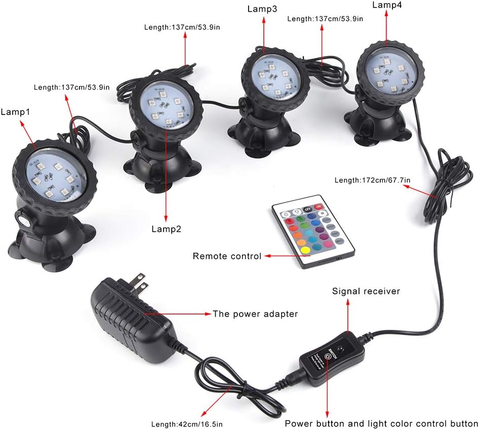 Pond Lights Waterproof IP 68 Multi-Color & Adjustable & Dimmable Submersible Spotlight with LED Color Changing Spot Light for Aquarium Tank Garden Pool Fountain Waterfall (Set of 4) (Remote Control) - - 
