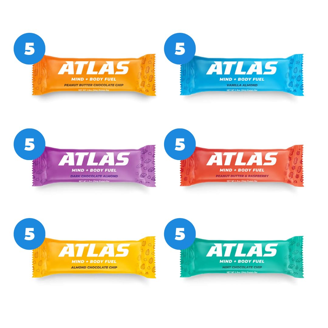 Atlas Protein Bar, 15g Protein, 1g Sugar, Clean Ingredients, Gluten Free, Value Pack (30 Count, 6 Flavors)