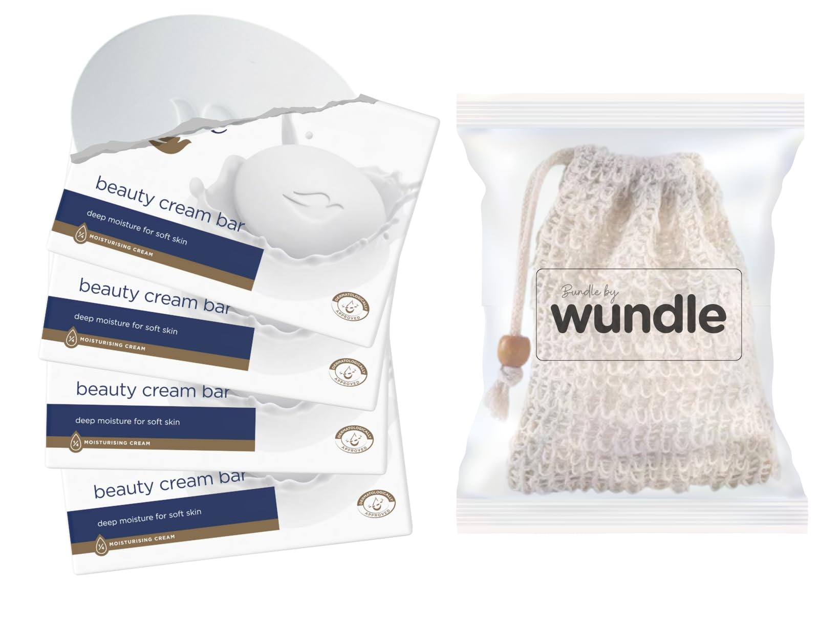 Wundle Bundle Soap Saver Exfoliating Pouch compatible with 4 x Beauty Moisturising Soap Bars (Beauty Cream)