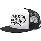 Low Life Pinstriped Trucker Cap for Men &ndash; Flat Bill 5-Panel Mesh Hat &ndash; Low Life Front Design &ndash; Adjustable Snapback &ndash; One Size Fits Most &ndash; Bold Baseball Cap (Black/White/Black)