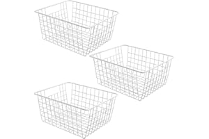 LOSYHU 3 Pack Freezer White Wire Baskets for Organizing Office Wire Storage Basket with Built-in Handles, 14" Large White Metal Baskets for Pantry Freezer Kitchen Cabinets