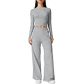 QINSEN Womens 2 Piece Sets Long Sleeve Slim Fit Crop Tops Wide Leg Pants Matching Lounge Set