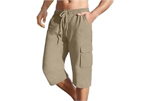 zupvkai Men's Casual Linen Capri Pants Below Knee Cargo Shorts 2026 Summer Cropped Trousers Elastic Waist Beach Loungewear
