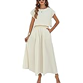HangNiFang Summer Skirt Sets Women 2 Piece Outfits Cap Sleeve Top Elastic Waist Maxi Dress Sets with Pockets