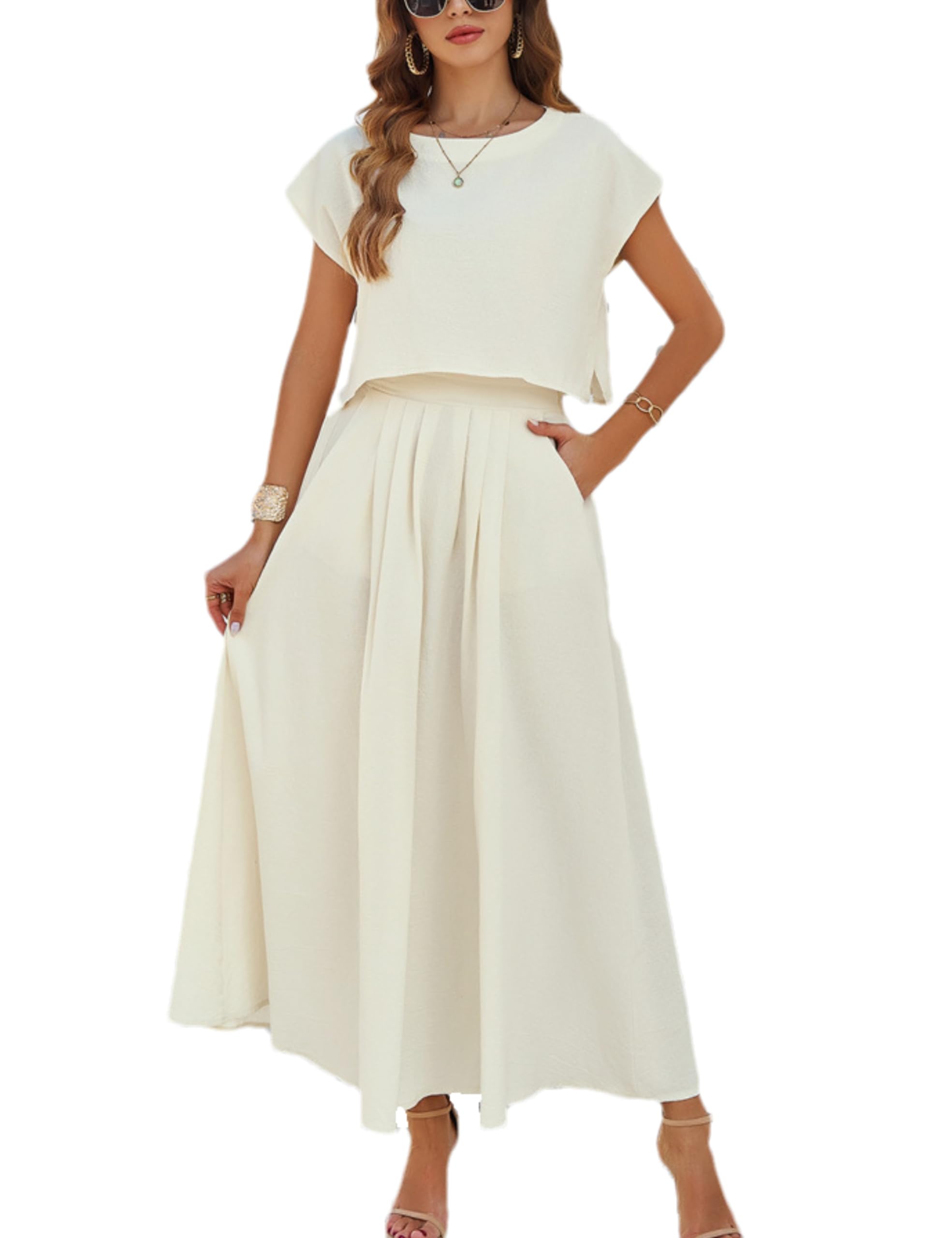 Photo 1 of HangNiFang Summer Skirt Sets Women 2 Piece Outfits Cap Sleeve Top Elastic Waist Maxi Dress Sets with Pockets(1218-Beige-L)