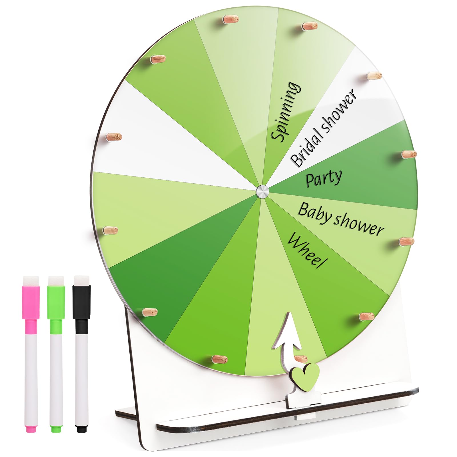 Photo 1 of Famaster 12-Inch Spinning Wheel for Baby Shower & Bridal Shower Games - Prize Wheel Spinner with Stand & Heart Shape Arrow - Funny Bachelorette Party Games Ideas(Green)