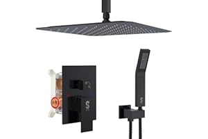 SR SUN RISE 12 Inch Ceiling Mount Matte Black Shower System Bathroom Luxury Rain Mixer Shower Faucet Set Ceiling Rainfall Shower Head System Faucet Trim Repair Kits Rough-in Valve and Trim Included