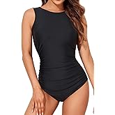 Smismivo Modest Swimsuits for Women High Neck Zip Up One Piece Bathing Suit Ruched Padded Closed Back Swimwear