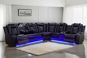 A Ainehome Power Recliner Sectional Sofa Set with LED Light, Leather Reclining Sectional Couches Corner Sectional Sofa Set with 2 Recliner Seats for Living Room with Cup Holder, Storage Console, Black