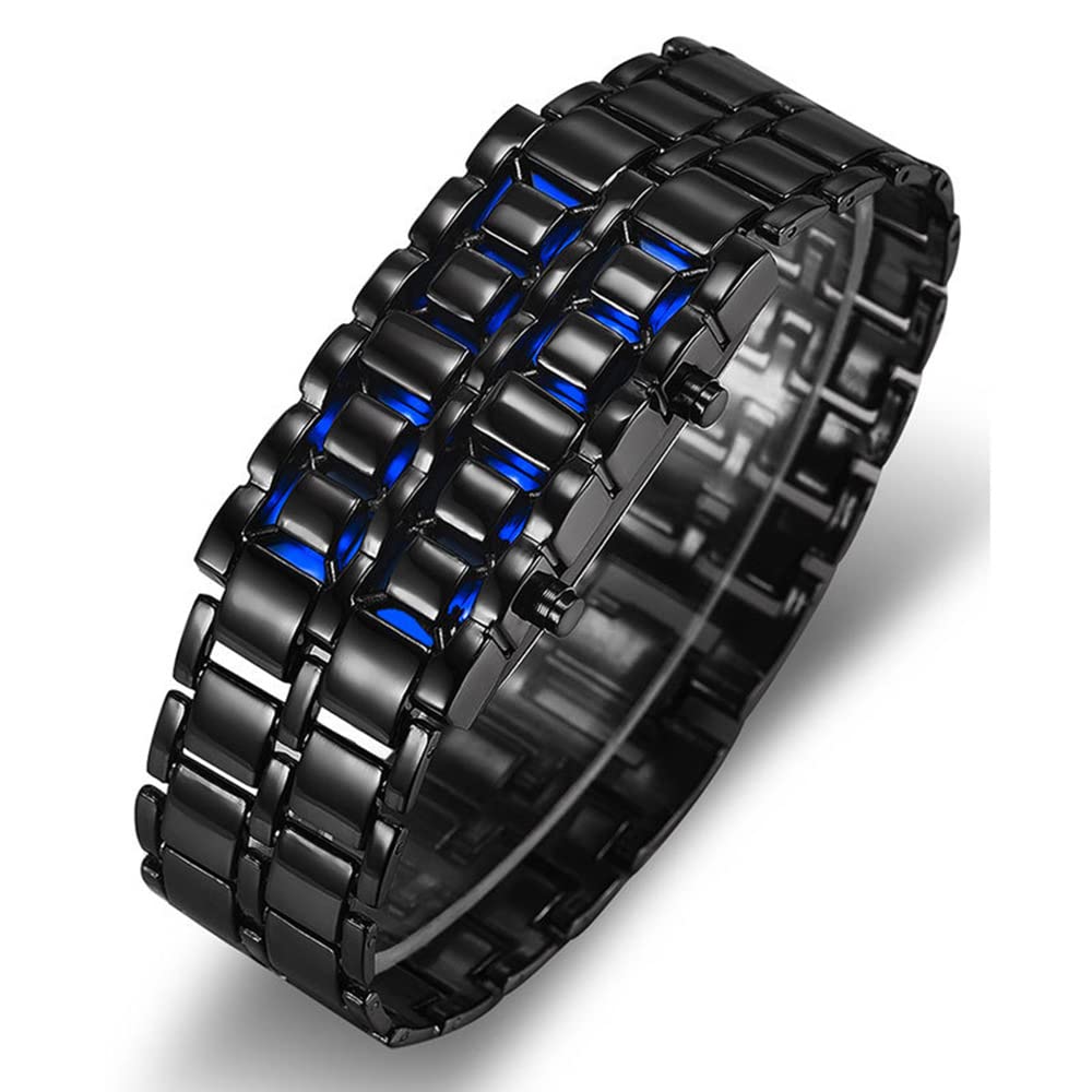 Classic Mens Binary Square LED Digital Watch Black Plated Wrist Watches (Black/red)