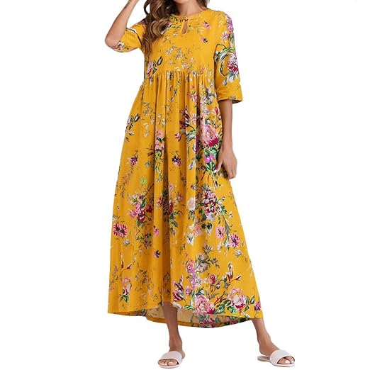 Geilisungren Sommerkleider Damen Kurzarm O-Ausschnitt Lose Baumwolle Leinen Blumenmuster Strandkleid Frauen Elegante Lange Ma