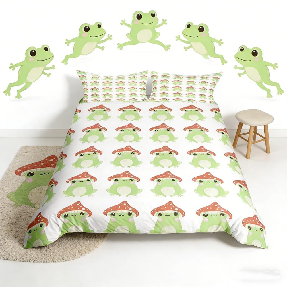 Loussiesd Frog Bedding Duvet Cover Set Kids Cute Green Frogs with Mushroom Hats Bedding Set Boys Girls Kawaii Animal Comforter Cover Set Microfiber Nature Quilt Cover Bedroom King Size