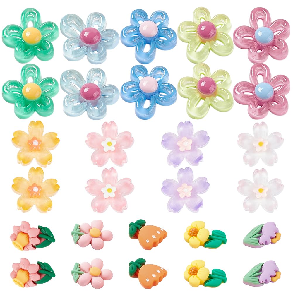 SUNNYCLUE 60Pcs Resin Flower Cabochons Transparent Sunflower Cabochon Tulip FlatBacks Leaf Plant Flat Backs Colorful Slime Charms for Jewelry Making Hair Clip Stud Earring Scrapbooking Embellishments