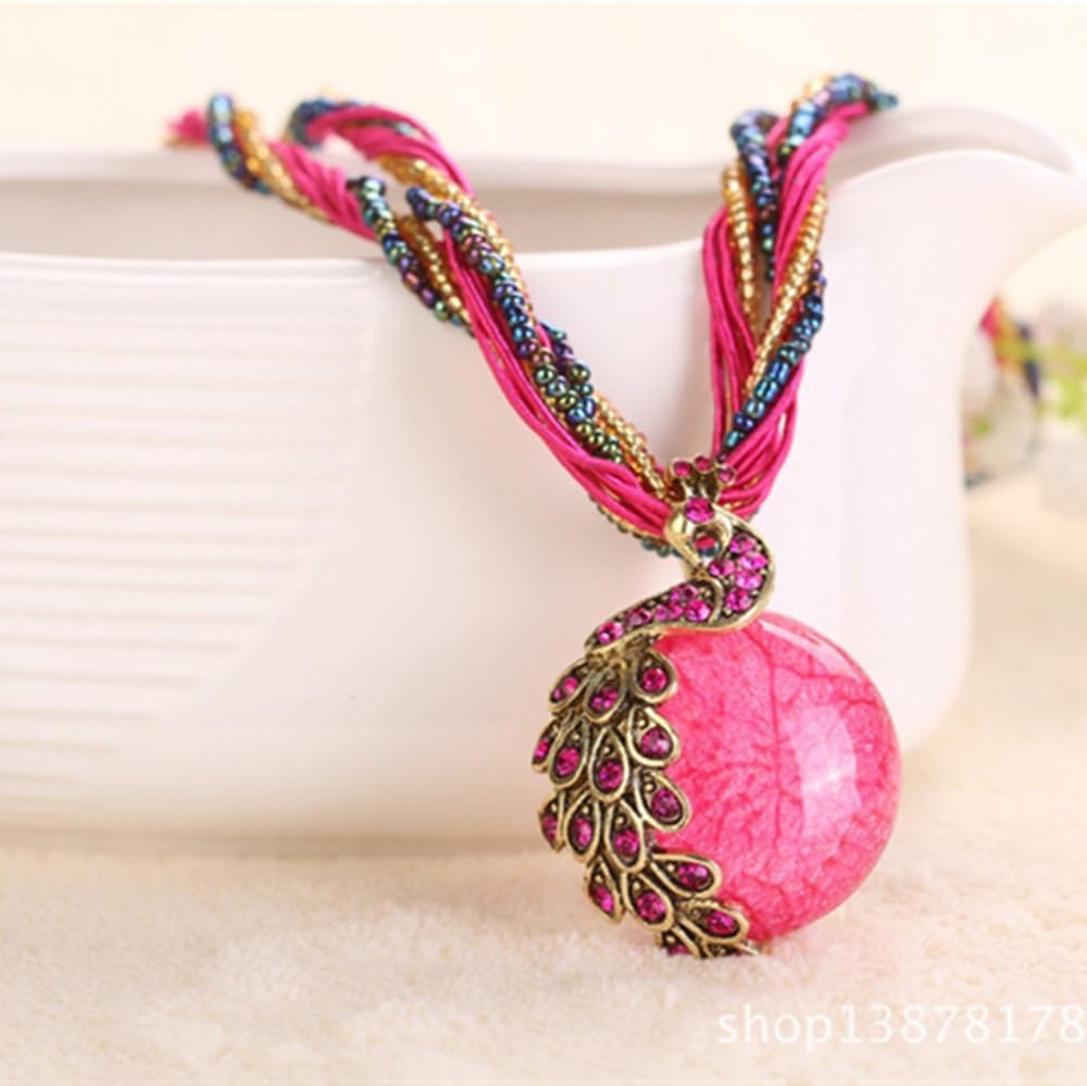 Xinbaixiang Handmade Retro Necklace with Opal and Peacock Pendant Bohemian Style (pink)