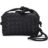 VESTURINA Woven Purse Crossbody Bag for Women, Leather Small Evening Purses with Zipper Closure, Adjustable Shoulder Strap Shoulderbag (Black)